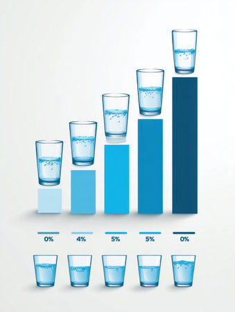 Infographic featuring a bar chart that visualizes daily water intake recommendations using water glass icons against a white background for clarity.の素材
