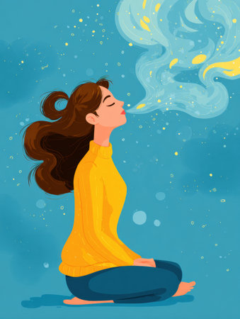 Guided breathing techniques are illustrated to help individuals regain calmness during stressful situations, promoting relaxation and mindfulness.の素材