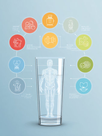 Detailed infographic outlines the benefits of hydration, showing a glass of water alongside a body outline and health-related icons for better understanding.の素材