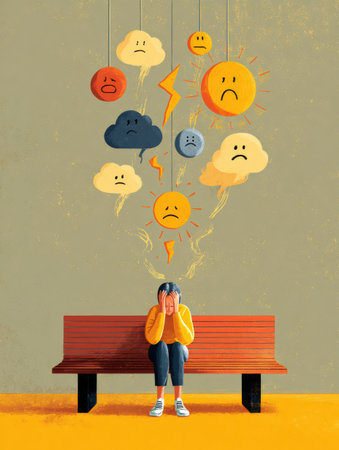 Visual representation of strategies to cope with emotional overload featuring a person sitting on a bench, expressing feelings of distress with thought clouds.の素材