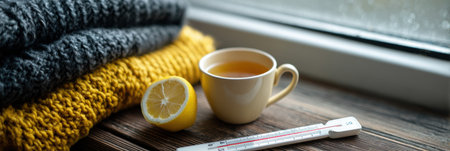 A warm scarf lies beside a cup of lemon tea and a thermometer as raindrops fall on the window, creating a peaceful winter atmosphere.の素材