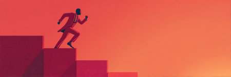 Steps leading to success are depicted with a figure running, symbolizing the journey of self-discipline and personal growth at sunset.の素材