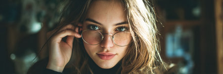 Soft daylight filters through the window as a woman holds her eyeglasses, gazing thoughtfully with a serene expression, creating a calm ambiance.の素材