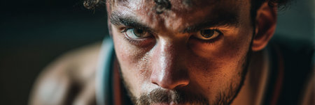 An intense player, fully focused, gazes ahead while preparing for a crucial shot in a dimly lit gym, highlighting dedication and determination.の素材