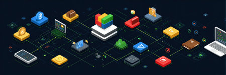 Visual depiction of the Web 3.0 ecosystem, showcasing blockchain, decentralized apps, and interconnected wallet icons in a digital framework.の素材