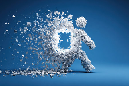 User icon appears to break apart, disintegrating into fragments on the left side, against a vivid blue background, illustrating a system crash concept.の素材