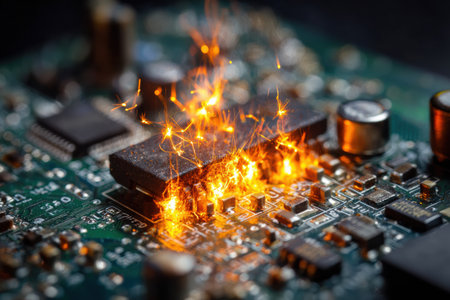 A circuit board on the left side experiences flames and sparks due to a malfunction, showing a dramatic electronic failure in a dark environment.の素材