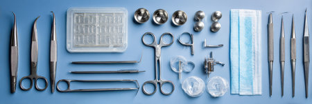 Sterile instruments for vision correction surgery are arranged methodically on a table, ready for use in an operating environment, ensuring precision and safety.の素材