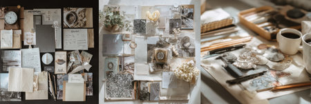 A vision board collage displays various lifestyle goals while a clean, organized desk setup promotes creativity and productivity in a bright workspace.の素材