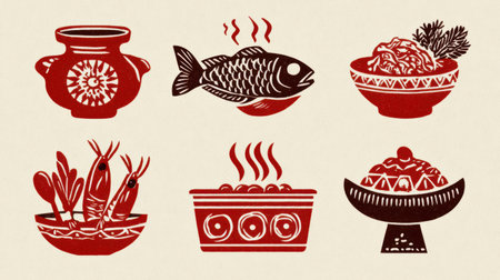 This visual representation highlights five key Hispanic food traditions with dish illustrations, showing cultural significance and delicious flavors.の素材