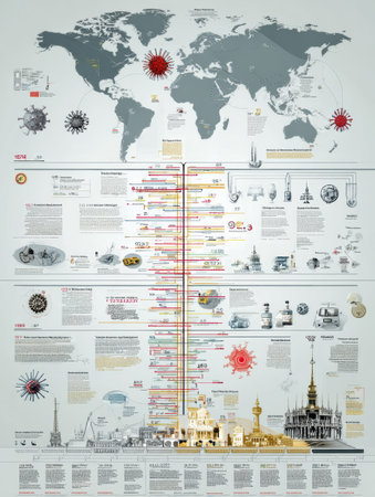 This detailed timeline infographic presents significant vaccine discoveries across the globe, illustrating their impact on public health throughout history.の素材