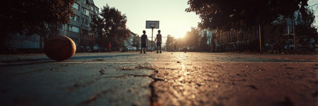 Energetic youth play streetball on a weathered court as the sun sets, casting warm light across the urban landscape filled with buildings and trees.の素材
