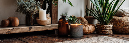 Wellness corner includes plants, candles, and natural decor on wooden shelves, promoting a peaceful environment for relaxation and mindfulness.の素材