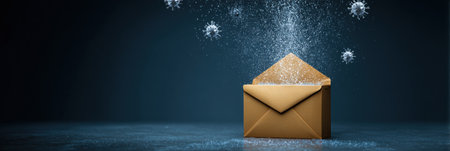 Gift box opens to reveal a cloud of virus mist, symbolizing phishing scams. Dark background enhances the eerie effect, highlighting cyber threats.の素材