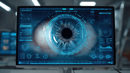 A detailed virtual eye exam is presented on a computer screen featuring an advanced user interface with clear graphics and data visuals.の素材