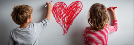 Young children express creativity by drawing a large red heart on a whiteboard while enjoying a fun art activity in a classroom environment.の素材