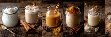 Various Latin American beverages are showcased, including horchata, mate, and spice ingredients, highlighting their preparation and presentation.の素材