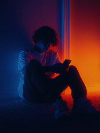 A teenager relaxes in a dark space, absorbed in a glowing phone screen displaying hateful comments, reflecting on the negativity late at night.の素材
