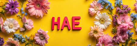 A colorful arrangement of flowers blooms around a red crossed-out hate comment, set against a sunny yellow background, promoting love and acceptance.の素材