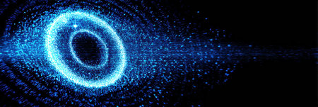 An abstract digital eye symbol glows in a vibrant blue matrix background, while the right zone remains clear for added graphics or informational text.の素材