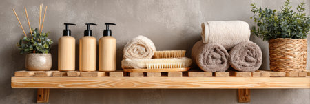 Wooden shelf showcases eco-friendly skincare products alongside neatly rolled towels and decorative plants, creating a calming and inviting atmosphere.の素材