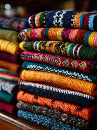 Colorful, intricately designed clothing from Latin Americas rich textile traditions is neatly stacked, showcasing unique patterns.の素材