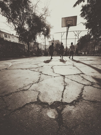 Group of young players engage in streetball on a worn, cracked court amidst trees, showing their energy and passion for the game in the afternoon.の素材