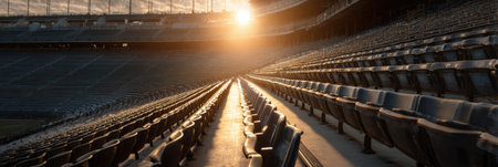 Bleachers are vacant and awaiting fans with a warm sunbeam illuminating the central aisle, creating a serene atmosphere in the stadium.の素材