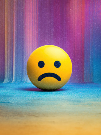 A sad emoji sits prominently against a broken user interface, with a faded upper margin illustrating a sense of loss and disconnection in a vibrant environment.の素材