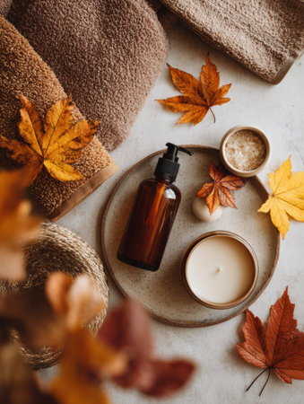 Cozy autumnal body care collection placed on a table with warm colors, soft towels, and scattered leaves to create a serene and inviting atmosphere.の素材