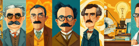 Stylized icons feature prominent Hispanic inventors showcasing their groundbreaking inventions and innovations that changed various fields.の素材