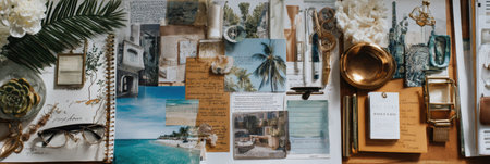 Collage of lifestyle aspirations displayed on a desk, showing a clean workspace with plants, decorative items, and inspiring visuals for motivation.の素材