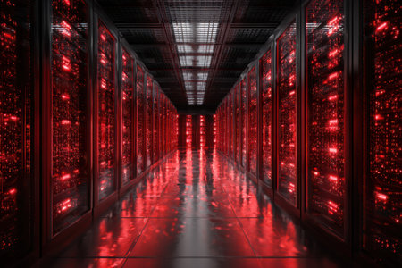 Server room filled with blinking red lights, suggesting high activity or overload. The layout remains orderly despite numerous alerts flashing across the room.の素材