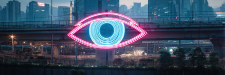 An eye-shaped neon sign glows brightly in a bustling urban area at dusk as city lights reflect on the modern architecture, creating an inviting atmosphereの素材