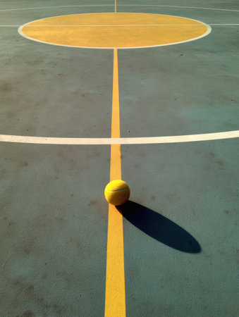 A bright yellow ball rests on the center court circle, casting a defined shadow on the blue surface, evoking a tranquil and minimalistic atmosphere.の素材