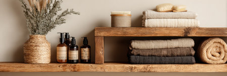 Wooden shelves display eco-friendly skincare products and neatly folded towels, creating a calming, minimalist, sustainable atmosphere.の素材