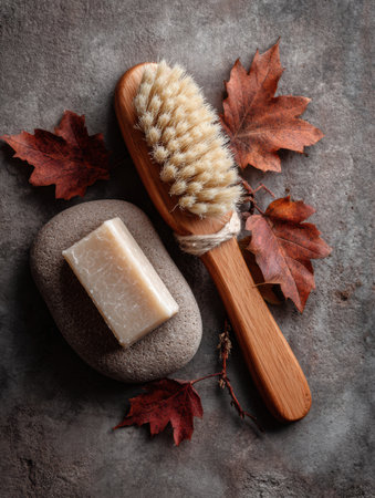 A soothing arrangement features a massage brush, a bar of natural soap, and dry leaves resting on a textured stone surface, highlighting a serene spa aesthetic.の素材