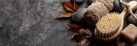 Natural soap and a massage brush are artistically arranged with dry leaves on textured stone, creating a serene atmosphere for relaxation and self-care.の素材