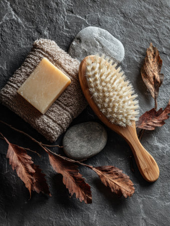 A massage brush and natural soap rest on a textured stone surface with dried leaves and smooth stones, creating a calming relaxation space.の素材