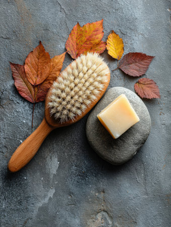 A massage brush, a piece of natural soap, and dry autumn leaves are arranged on a stone surface, creating a tranquil setting for relaxation and self-care.の素材