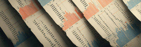 Layered poster with torn edges displays bracket stats and colored graphs, vital for data analysis in academic or professional contexts.の素材