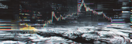 Cryptocurrency site layout shows a glitch effect with distorted charts and data presented in a chaotic manner, highlighting potential fraud risks.の素材