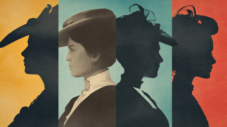 Silhouettes depict influential Hispanic women from US history, showing their contributions and legacy through artistic representation and color interplay.の素材