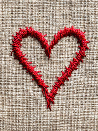 A heart shape is intricately stitched with red thread on a soft linen fabric backdrop, featuring a blank upper area for personalization or artistic expression.の素材