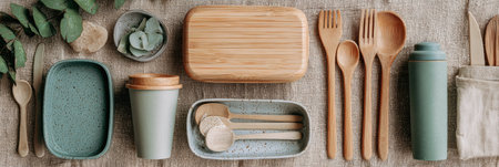 Discover sustainable picnic essentials featuring bamboo utensils, reusable containers, and eco-friendly cups to enjoy outdoor meals without plastic waste.の素材