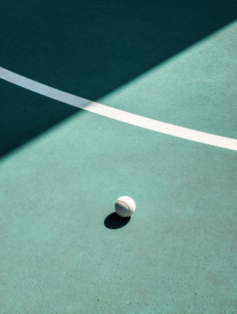 A single tennis ball is positioned at the center circle of a court, surrounded by clean shadows across the surface, creating a minimalist aestheticの素材