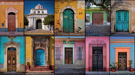 This collection highlights unique doors and facades representing different Latin architectural styles, set against colorful backgrounds from various locations.の素材