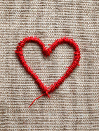 Red thread forms a delicate heart shape stitched onto linen fabric, showcasing craftsmanship and evoking feelings of love and warmth in a simple design.の素材