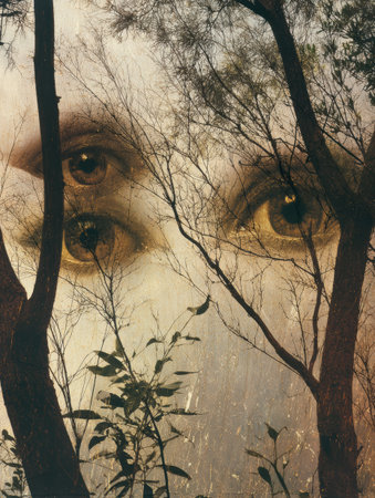 Tree branches intertwine to form captivating eye shapes, creating a mystical atmosphere as gentle light filters through the foliage.の素材