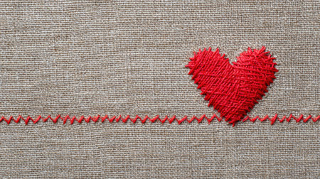Vivid red thread creating a heart shape is stitched onto a neutral linen background, offering a blank space above for personalization or decoration.の素材